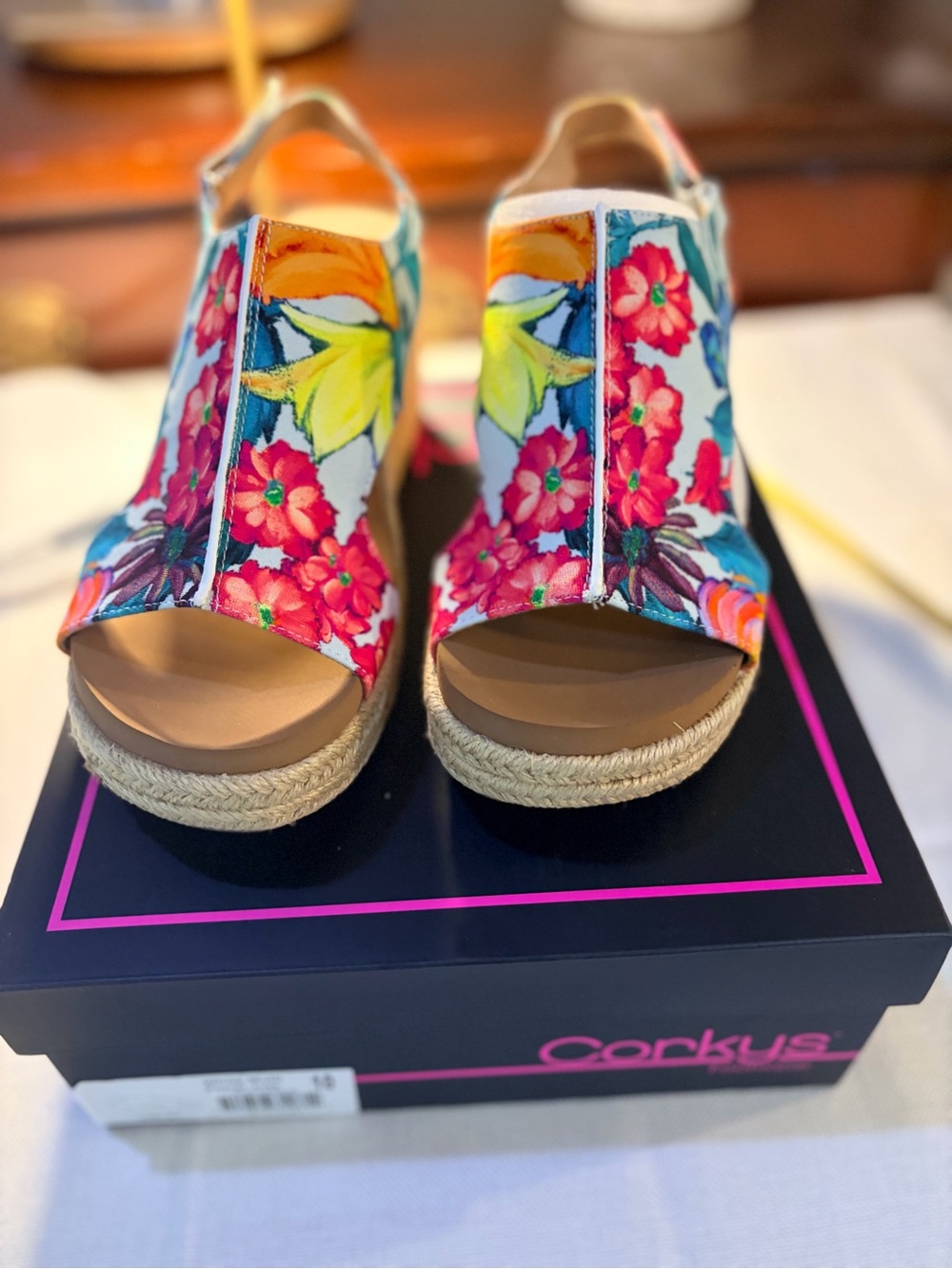 Corkys Tropical Floral Peep-Toe Espadrille Wedges